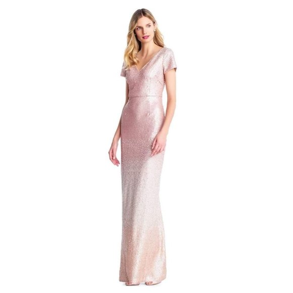 Adrianna Papell Dresses & Skirts - Adrianna Papell Ombre Sequin Column Gown Blush Ombre Short Sleeve V-Neck Size 10
